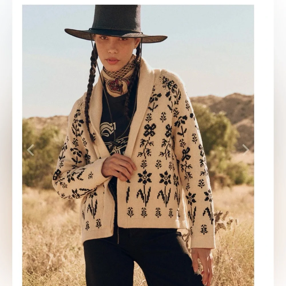 THE GREAT. The Garden Lodge Cotton Cream and Black Floral Cardigan - Picture 1 of 10